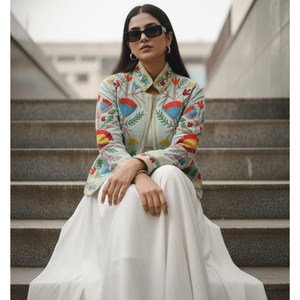 Elegante Chaqueta de Algodón Crema para Mujer, Bordada con Flores Coloridas, Prenda Exterior de Diseño Étnico - Product Image 3