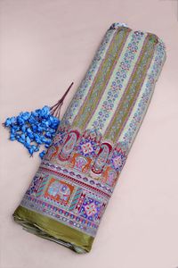 Tela crepé natural color camel con estampado floral a rayas y borde ornamental para material de vestido Kurti, ropa étnica. - Product Image 5