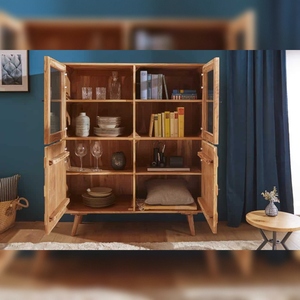 Vitrina alta de madera con estructura nórdica Vandana MYSTIC LIVING 140cm, acabado natural de acacia, superficie 3D. - Product Image 3