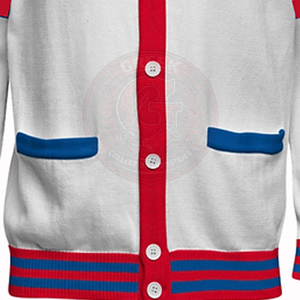 Cardigan blanc pour fraternité et sororité, rayé rouge et bleu, en acrylique tricoté, à manches longues, boutonné devant, pour homme, idéal pour l'école et le collège. - Product Image 6