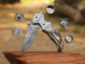 Couteau pliant artisanal en acier Damas de qualité industrielle Nordic Forge, épaisseur 0,45 mm, manche en bois de cerf, étui en cuir, pour la poche - Product Image 2