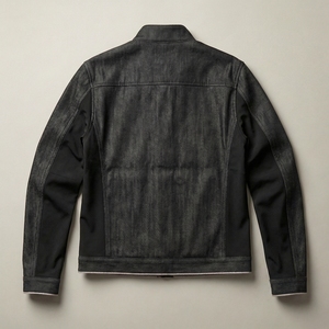Textured Black Charcoal Men Stand Collar Full Zip Denim Jacket Contrast Panels Custom Logo Private Label OEM Streetwear Clothing - Product Image 3