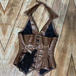 Chaleco Corset de Piel Sintética Marrón con Cuello - Product Image 6