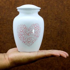 White Porcelain Pet Urn With Red Heart Butterfly Design Teardrop Shape Airtight Lid Simple Style - Product Image 6
