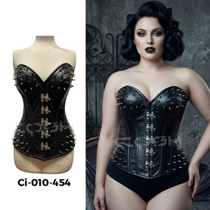 Fullbust Steelboned Black Leather <b>Corset</b> With Spikes Decoration On Top And Bottom / Clasp Closure <b>Corset</b> - Product Image 6