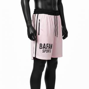 Pantalones cortos deportivos de malla ligera para hombre, poliéster GSM transpirable, color rosa con paneles laterales negros, logotipo personalizado, pantalones cortos de malla para entrenamiento. - Product Image 3