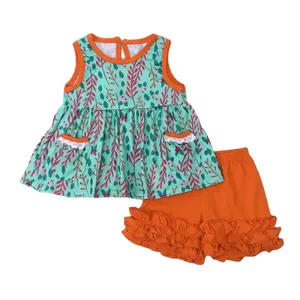 New Style Baby New Cotton T-shirt Set Round Neck Green Flower Print Girl Top Clothes And Orange Pocket Shorts Suit