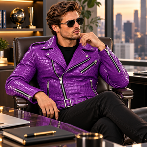 <b>Men's</b> <b>Purple</b> Genuine Leather Embossed Biker Jacket with Silk Lining Breathable Stand Collar Zipper Closure Winter Ready - Product Image 5