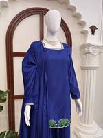 Setelan Salwar Kameez Bordir Biru dengan Mantel Panjang dan Celana Palazzo, Pakaian Pakistan India untuk Acara Resmi