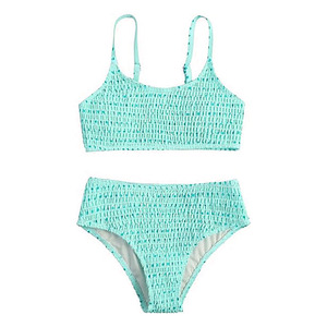 Nouvel Arrivage Personnalisé Service OEM Ensemble Bikini 2 Pièces Rose Tricoté pour Femme avec Haut Froncé et Bas Taille Haute à Motif Floral - Product Image 3