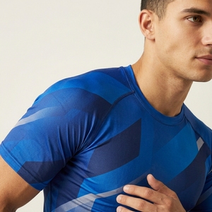 Men's Blue Geometric Pattern Short Sleeve Compression T-Shirt O-Neck Quick Dry Slim Fit Sporty Workout Apparel - Product Image 4
