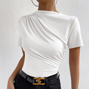 T-shirts pour femmes, mode décontractée, col rond, manches courtes, hauts pour enfants, respirants, couleur unie, plissés, t-shirts pour femmes - Product Image 2