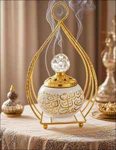 Quemador de incienso árabe de lujo, quemador de incienso de metal dorado con asa, quemador de incienso árabe tradicional, soporte para Bakhoor de metal dorado - Product Image 5