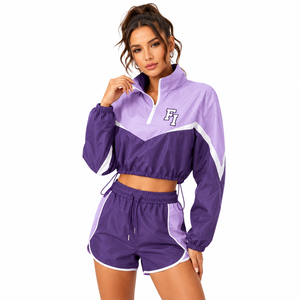 Chaqueta cortavientos de punto para mujer, deportiva, con bloques de color, media cremallera, bordado de rayas, longitud regular, al por mayor; chaquetas para hombre - Product Image 1