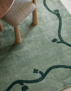 Alfombra de Lana Verde de Lujo Hecha a Mano con Borde Botánico, Alfombra Moderna Artística, Alfombra Contemporánea Hecha a Mano - Product Image 6