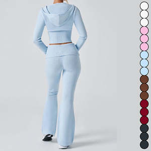 Conjunto de chándal de punto para mujer al por mayor: Sudadera con cremallera, ropa deportiva, atuendo athleisure, pantalones de cintura alta, corte ajustado - Product Image 2