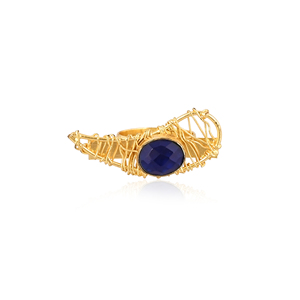 Elegante Anillo de Piedras Preciosas Ovalado Hecho a Mano con Baño de Oro y Latón, Diseño de Piedra Hidrográfica Azul Tinta para Mujer - Product Image 1