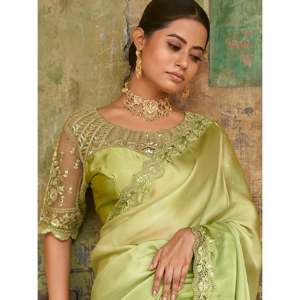 Awesome Green Embroidered <b>Satin</b> Festival Wear Saree with <b>Blouse</b> for Parties - Product Image 5