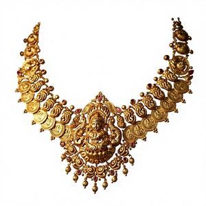 22K Solid <b>Gold</b> Temple Necklace <b>Set</b> | Traditional Indian Bridal <b>Jewellery</b> | Antique Finish Handcrafted <b>Gold</b> Haram - Product Image 3