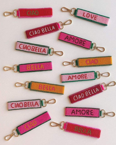 Colorful Italian Ciao Bella Dolce Vita Amore Embroidery Rectangular Seed Bead Keychain Handmade Gold Clasp Boho Style <b>Bag</b> <b>Charms</b> - Product Image 5