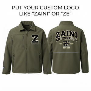 เสื้อแจ็คเก็ตผ้าโพลีเอสเตอร์ผสมสแปนเด็กซ์เนื้อนุ่ม 320 GSM พรีเมียม สีเขียวมะกอก แต่งแถบด้านหลัง ปักโลโก้ตามสั่ง - Product Image 1