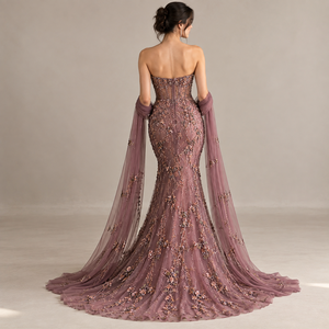 Vestido de Noche Sirena Rosa de Satén con Adornos, Sin Tirantes, Malla, Cintura Natural, Transparente, para Fiesta, Boda, Banquete - Product Image 2