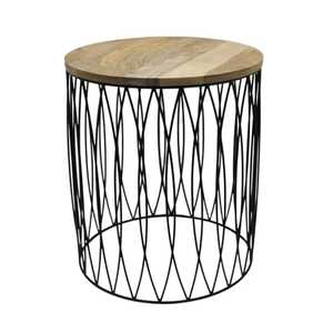 Round wooden side table with light wood top natural grain <b>black</b> metal <b>frame</b> modern industrial accent furniture for living room - Product Image 1