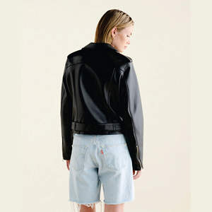 Women's Genuine <b>Leather</b> Moto <b>Jacket</b> Stand Collar Zipper Closure Full Sleeve Short Length Solid Color Biker Style Autumn Wear - Product Image 3