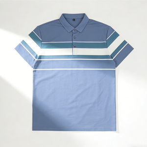 เสื้อเชิ้ตผู้ชายสีเบจลายทางแขนสั้นติดกระดุมด้านหน้า แต่งขอบสีดำ ผ้าถักเนื้อนุ่มระบายอากาศได้ดี ผลิตจากโพลีเอสเตอร์เจอร์ซีย์ น้ำหนัก 220 กรัม - Product Image 1