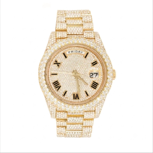 Luxury Men's Diamond Watch Yellow Gold Round Case 40mm Analog Roman Numeral Day AND Date Display Folding Clasp - Product Image 1