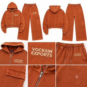 Ensemble de survêtement Vocksin Vintage pour homme, sweat à capuche zippé orange et pantalon cargo à jambe large, en molleton de coton premium, idéal pour l'hiver - Product Image 3