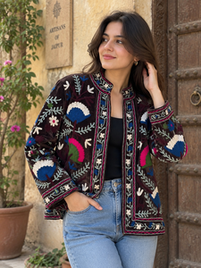 Handmade <b>Velvet</b> Suzani Embroidered Bomber <b>Jacket</b> <b>Women</b> Floral Pattern Open Front Reversible Eco-Friendly Breathable 100% Cotton - Product Image 6