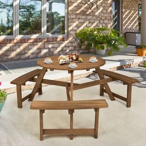 Mesa de Picnic Redonda de Madera para 6 Personas con Orificio para Sombrilla y 3 Bancos Integrados para Jardín - Product Image 1