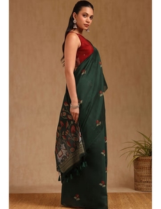 Sari KV para Mujer, Verde, con Estampado Chanderi Pichwai y Blusa sin Coser - Product Image 2