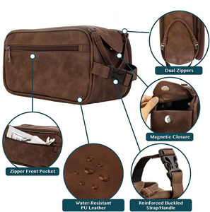 Handmade <b>leather</b> toiletry bag with storage compartments for cosmetics shaving accessories and travel convenience in low price - Product Image 5