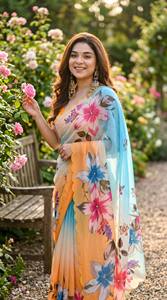 Sari de mariage en faux georgette pur et doux avec de magnifiques imprimés floraux, travail manuel lourd, sans plis, longueur au sol, style traditionnel - Product Image 3