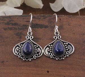 Pendientes de Aro de Lapislázuli Natural, Plata de Ley 925 con Baño de Rodio, Amigables con la Piel, Estilo Boho, Hechos a Mano, Joyería de Piedra Curativa - Product Image 1