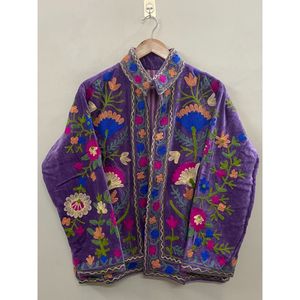 Purple <b>Velvet</b> Embroidered Jacket <b>Women</b> Mandarin Collar Full Sleeve Floral Hand Embroidery Bohemian Style Spring <b>Coat</b> - Product Image 6