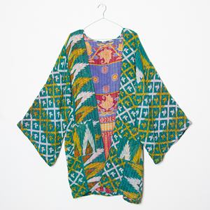 Bata Kantha Reversible Hecha a Mano, Multicolor, Vintage, de Algodón Puro, en Elegante Color Verde Azulado, Chaqueta de Invierno Multicolor - Product Image 1
