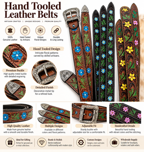 Hand Tooled <b>Leather</b> <b>Belts</b> with Floral Embossed Designs, Genuine <b>Leather</b> Western <b>Belts</b> with Decorative Buckles for Men and Women - Product Image 6