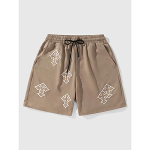 Shorts décontractés pour hommes, beige, à motif géométrique brodé, avec cordon de serrage, taille mi-haute, style respirant - Product Image 1