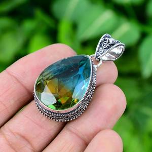 Pendentif élégant en tourmaline bicolore, argent sterling 925, pierre précieuse taillée, bijoux vintage, cadeau - Product Image 4