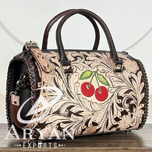 2026 Unisex New Cherry Carved Design Hand <b>Tooled</b> <b>Leather</b> Speedy Bag Genuine Cowhide <b>Leather</b> Shoulder Bags Perfect for Travel - Product Image 1