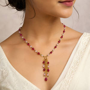 Custom Rhodium Plated <b>Necklace</b> Red <b>Ruby</b> Rose Quartz Bead Station Ring Y Lariat Tassel Drop Cable Chain Fine Women Luxury Gift - Product Image 1