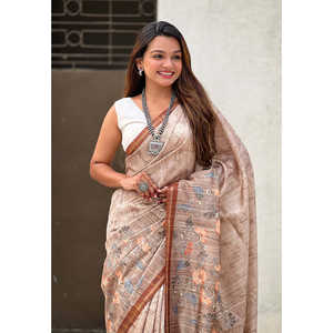 Sari de Seda Katki Marrón con Estampado Floral y Borde de Ribete, Elegantes Vestidos de Cóctel - Product Image 2