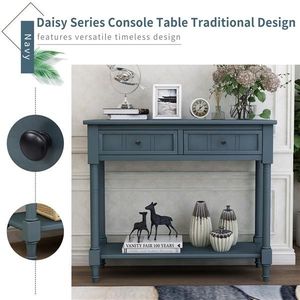 Consolle dal Design Tradizionale con Due Cassetti e Ripiano Inferiore in Legno Teak Blu Navy per Ingresso Casa, Appartamento, Hotel, Tavolino Laterale - Product Image 4