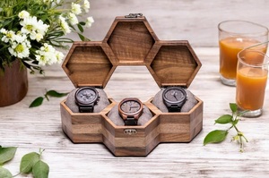Hexagon Walnut Watch & Jewelry Box with Glass Lid Personalized Wooden <b>Display</b> <b>Case</b> 4-Slot Engraved Organizer Gift Him - Product Image 1