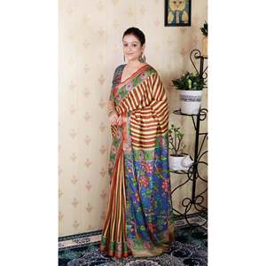 ผ้าไหมทัสซาร์สีน้ำตาลลายทาง ยี่ห้ออีลิท วีฟส์ น้ำหนัก 450 กรัม สำหรับงานปาร์ตี้ ลายพิมพ์ด้วยด้ายซารี ทอแบบอินเดียและปากีสถาน - Product Image 2