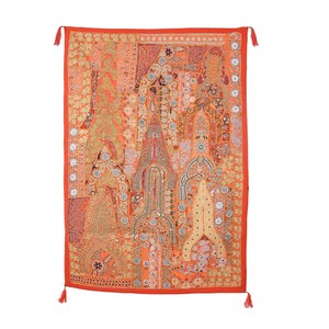 NOUVEAU Tapisserie murale en coton brodée style bohème JAIPUR, motif floral orange, carrée, pour décoration intérieure, art textile à suspendre - Product Image 2