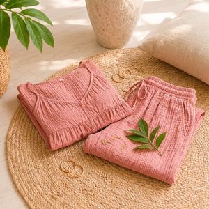 Women Casual Loungewear Cotton Gauze Pajamas Set Eco Friendly Breathable Women Sleep <b>Clothes</b> Summer - Product Image 6